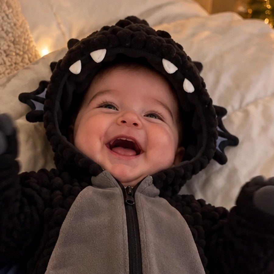 Close-up of the dragon hood with white felt teeth and the soft bobble plush