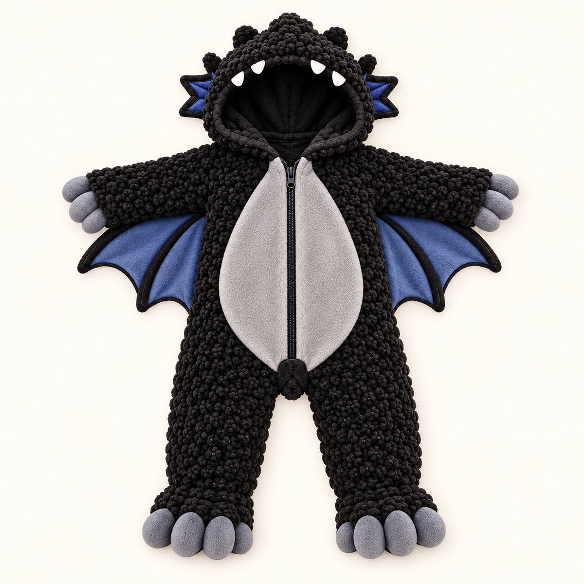 Black dragon plush baby onesie laid flat with wings, tail and paw feet