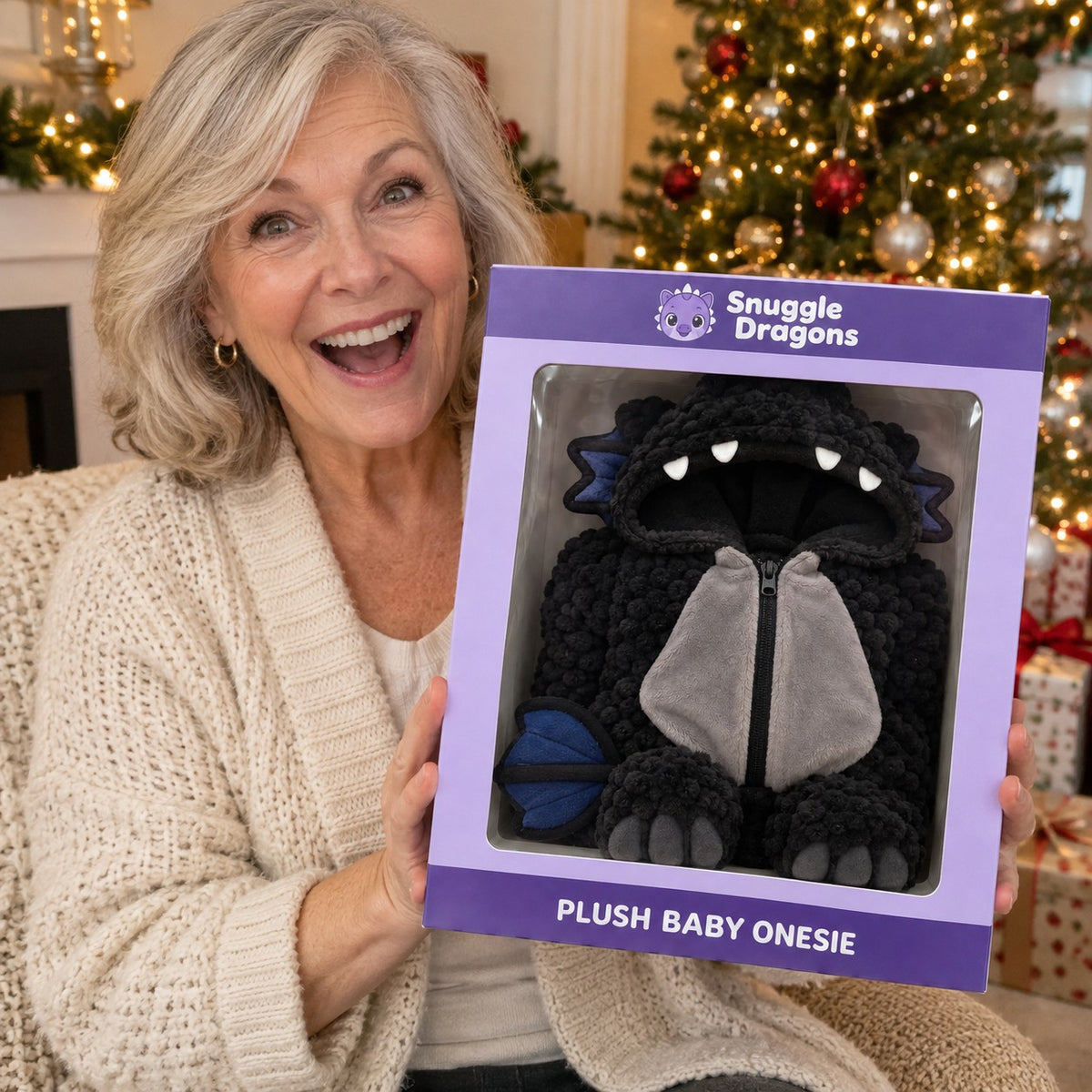 Grandmother holding the Snuggle Dragons gift box