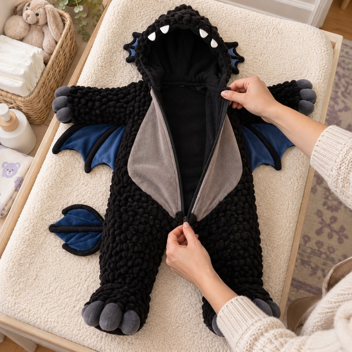 The full-length zipper of the dragon onesie open for an easy change